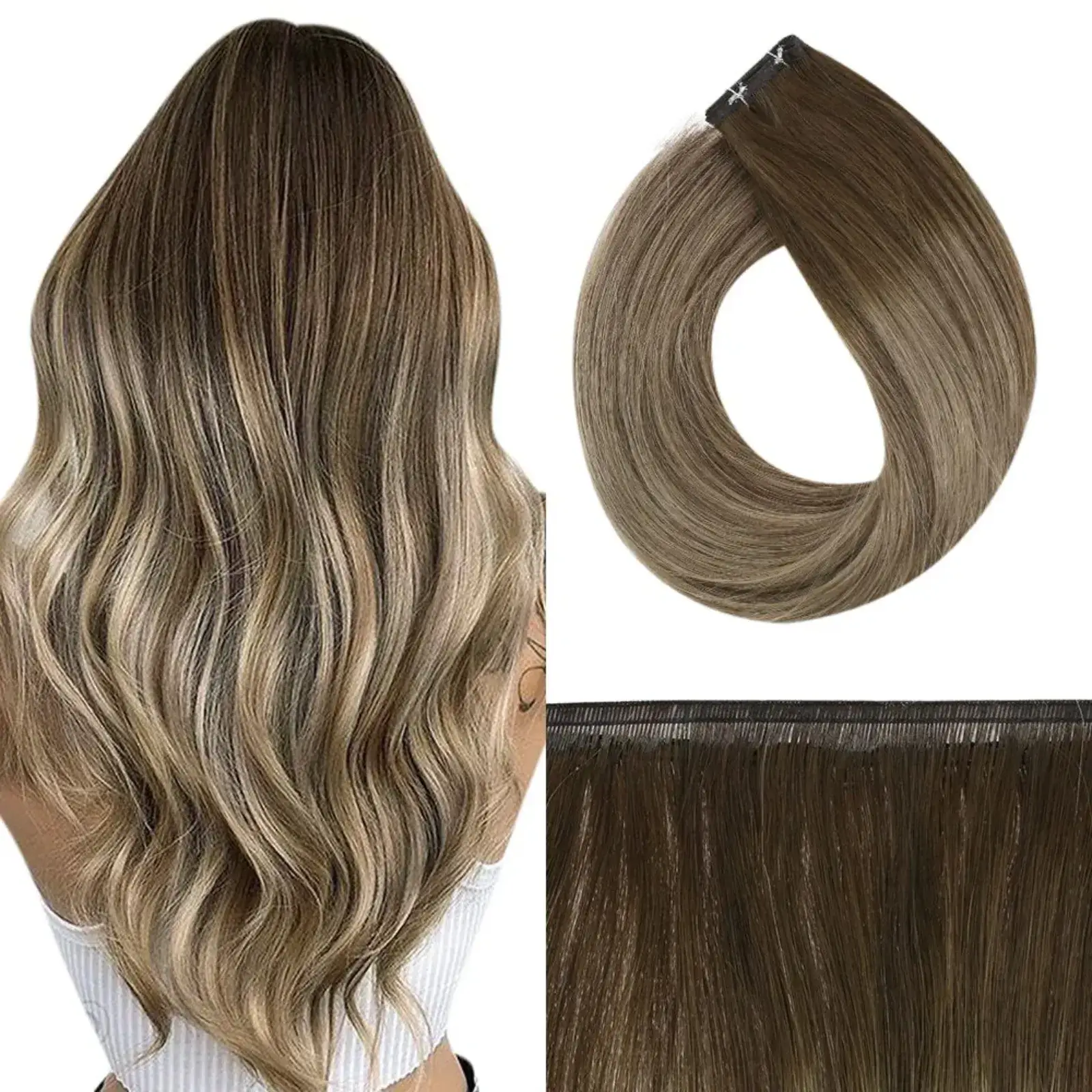 Virgin Flat Silk Weft Hair Extensions Balayage Brown #4/27/4