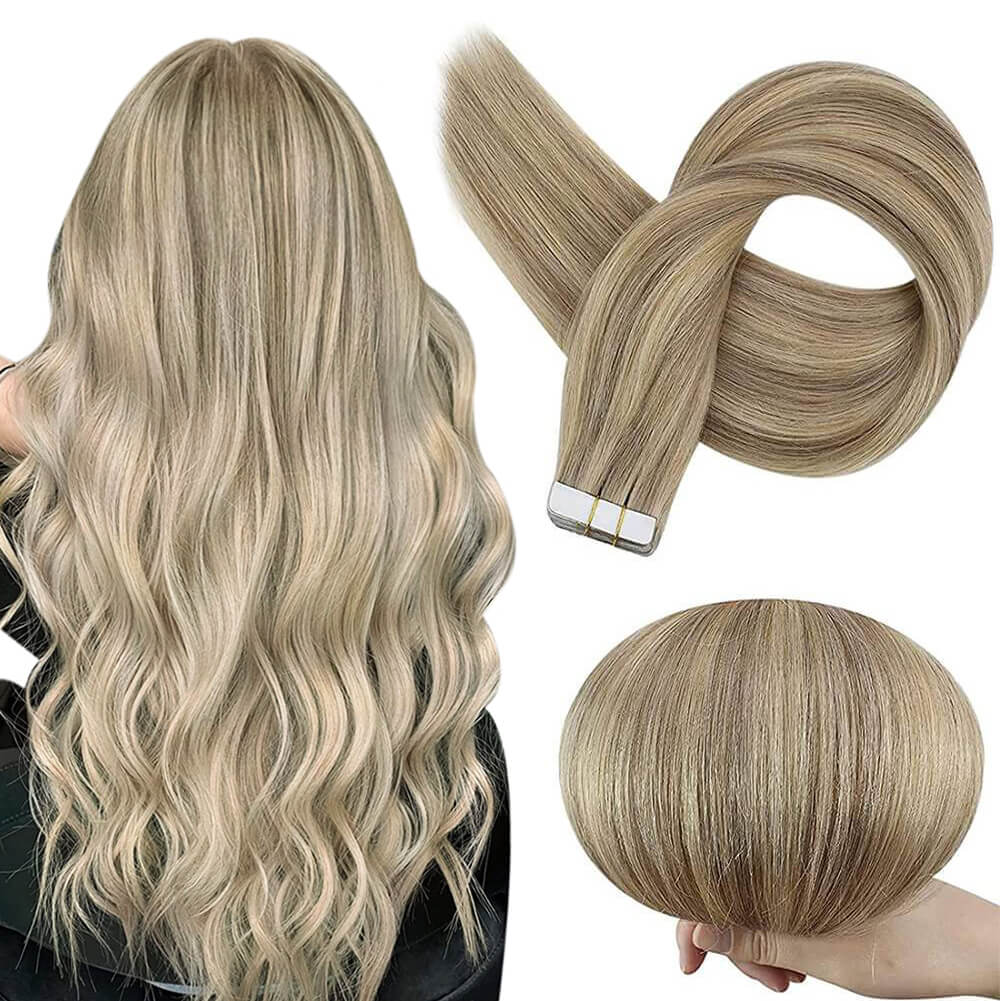 Tape in Hair Extensions 100% remy Human Hair Blonde Highlights (#P16/22)