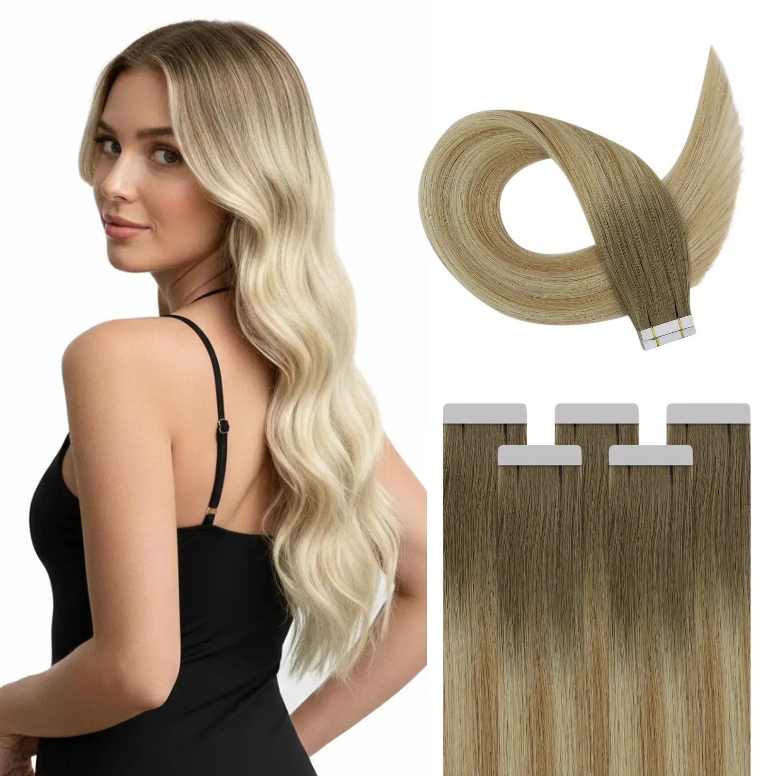 Tape In Hair Extensions Virgin Hair Rooted Light Brown #8/27/60