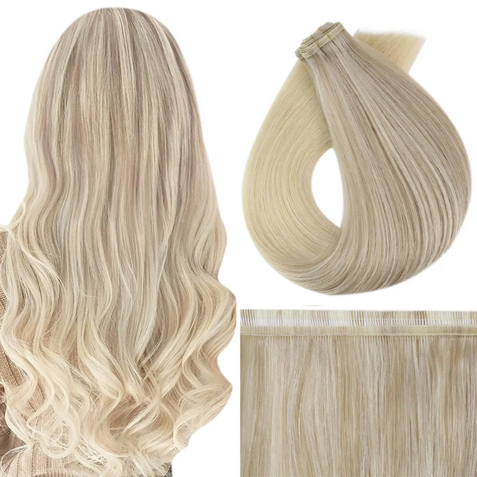 Virgin Flat Silk Weft Hair Extensions Ombre Blonde #18/22/60