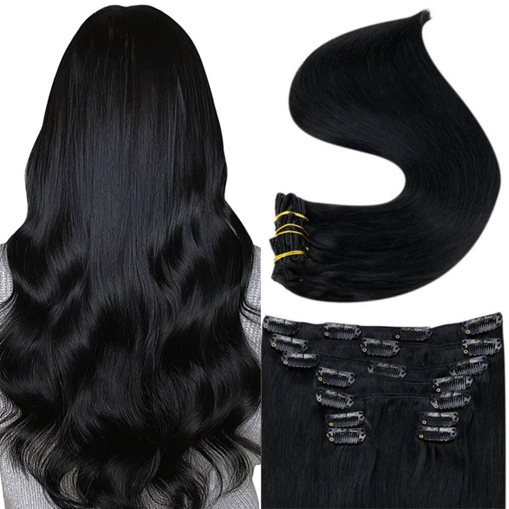 Clip in Extensions 100% Remy Human Hair 7 Pieces Jet Black (#1)
