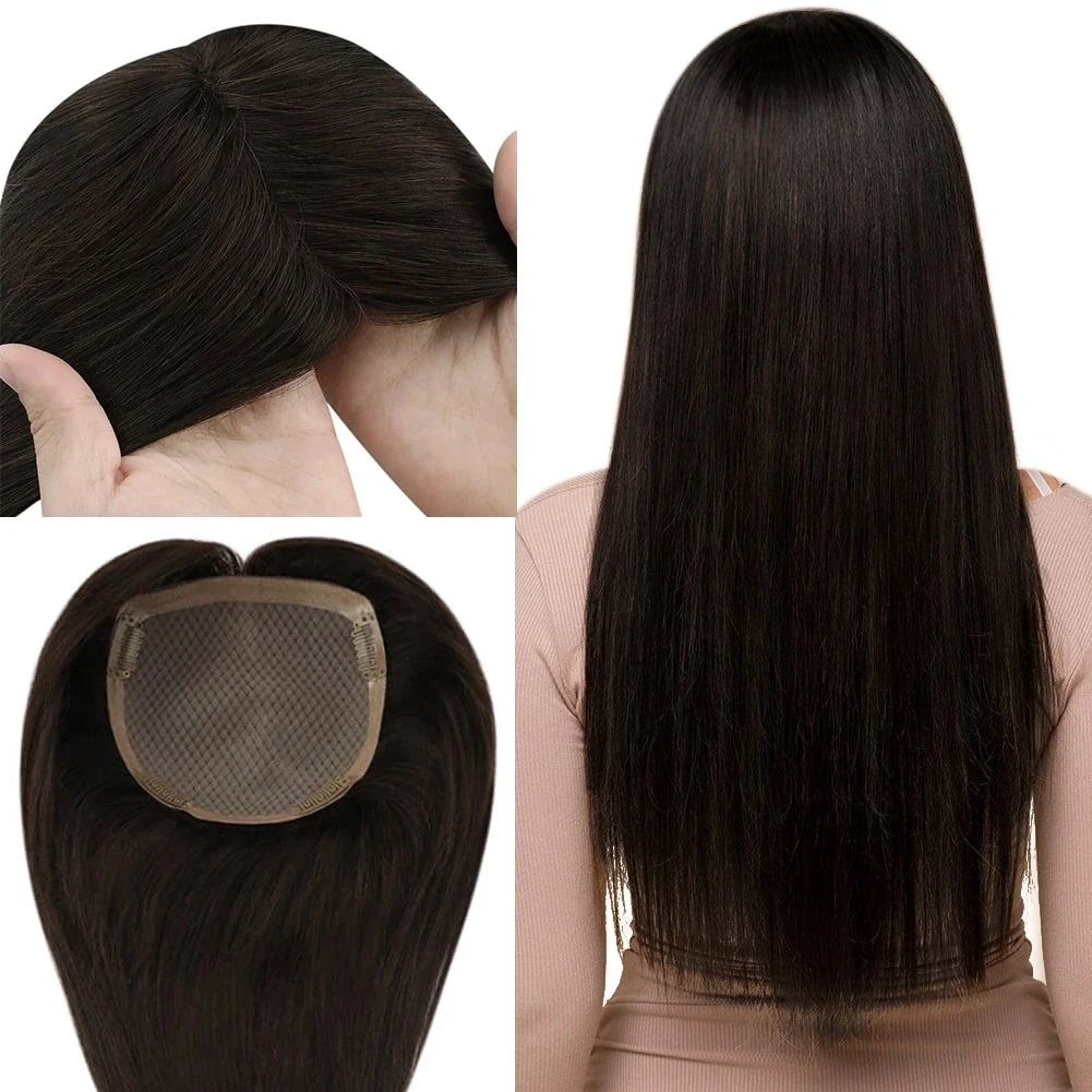 5x5 Inches Human Hair Toppers Mono Base Darkest Brown #2