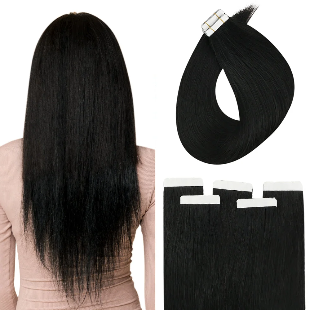Tape in Human Hair Extensions 100% Virgin Hair Jet Black #1