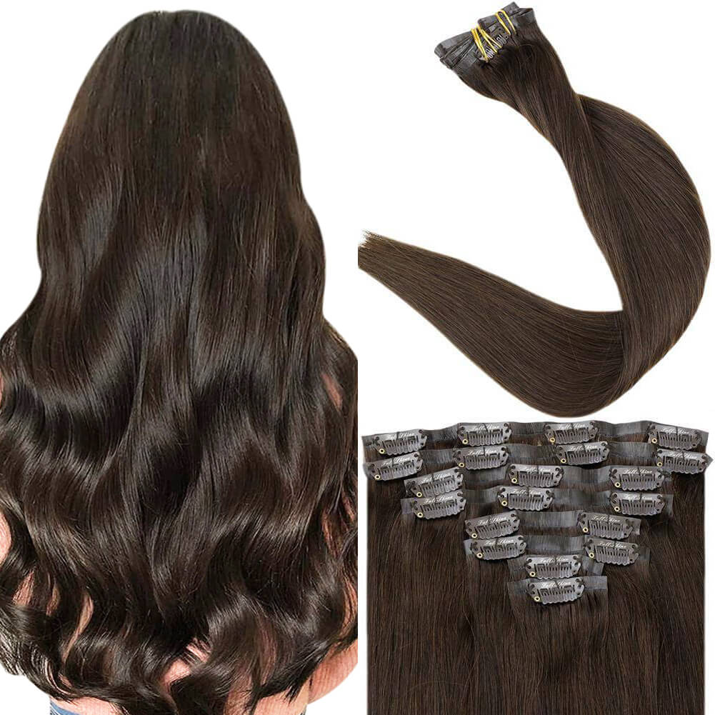 PU Seamless Clip in Extensions 100% Remy Human Hair 8 Pieces Darkest…