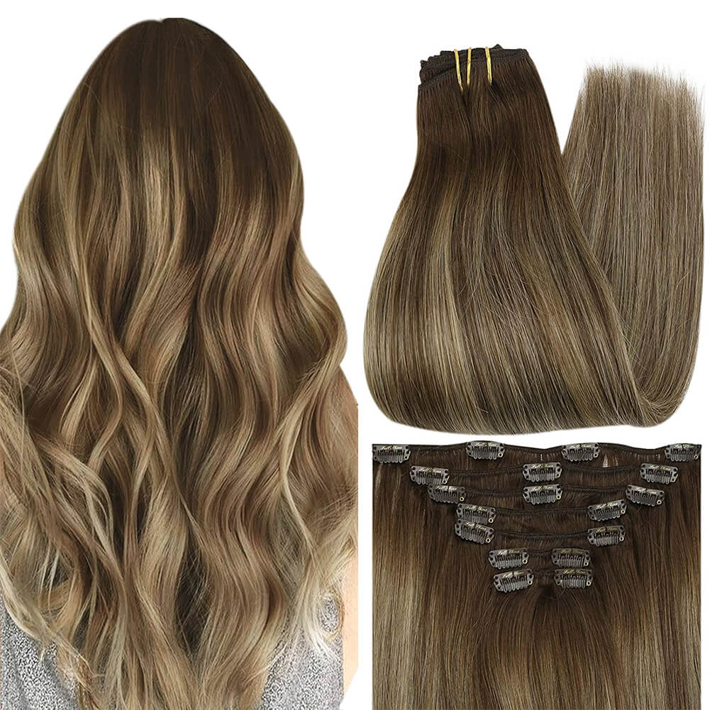Balayage Highlights Clip in Extensions 100% Remy Human Hair (#4/24/4)