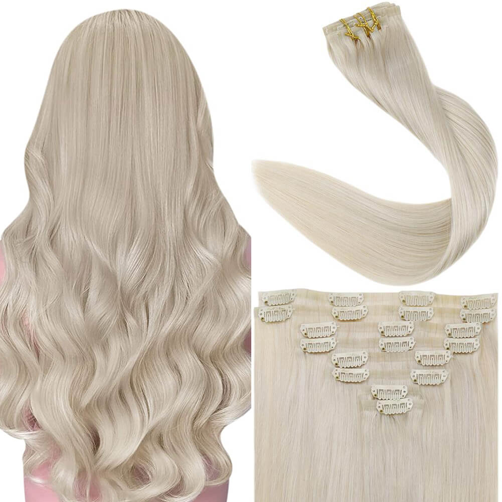 PU Seamless Clip in Extensions 100% Remy Human Hair 8 Pieces Platinum…