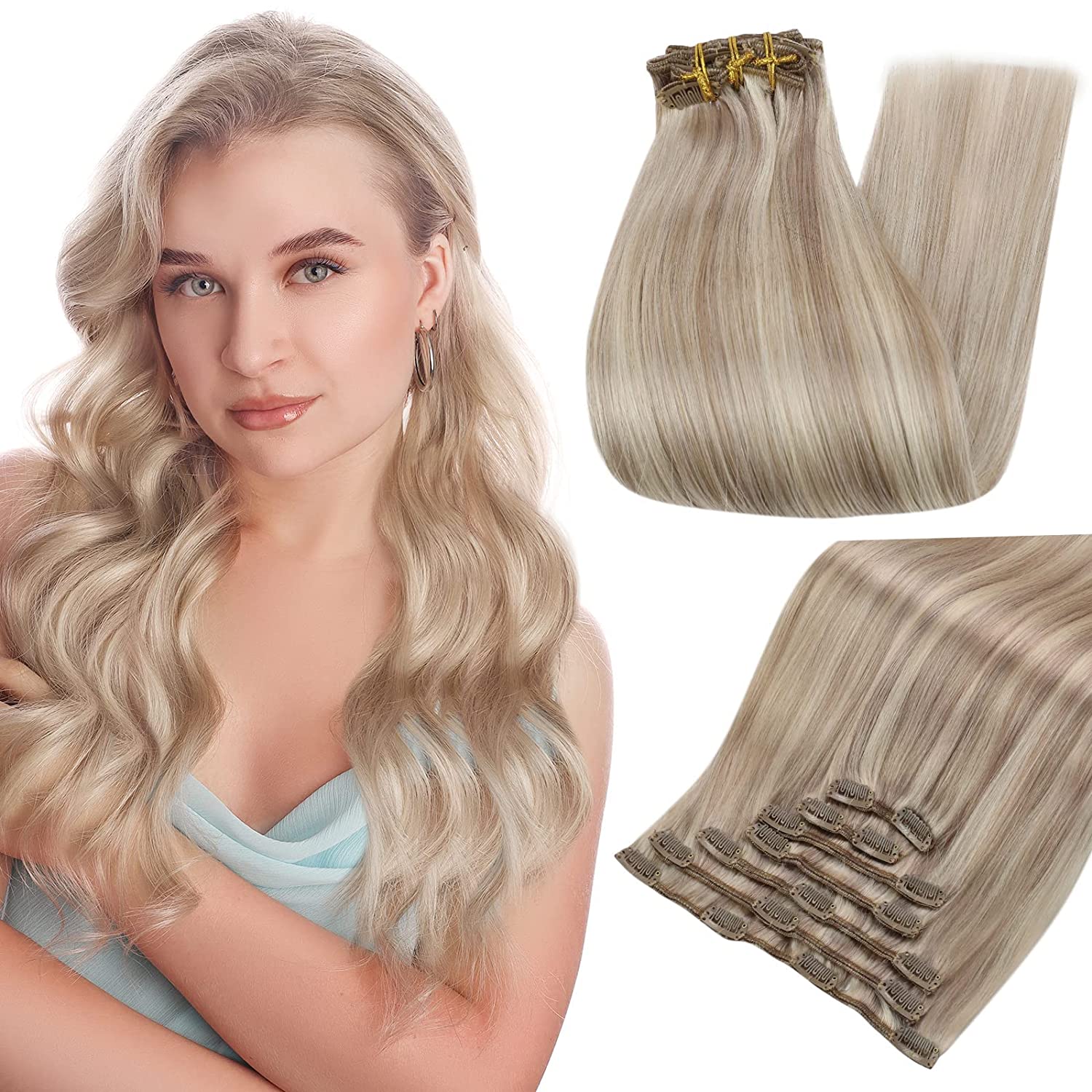 Clip in Extensions 100% Remy Human Hair 7 Pieces Highlights (#P18/613)