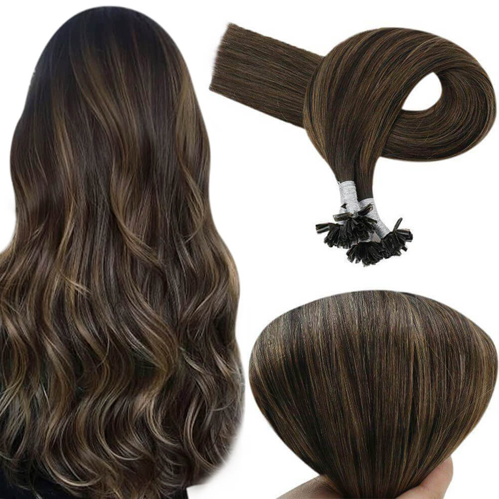 Fusion Nail U Tip Human Hair Extensions 100% Remy Hair Balayage Highl…