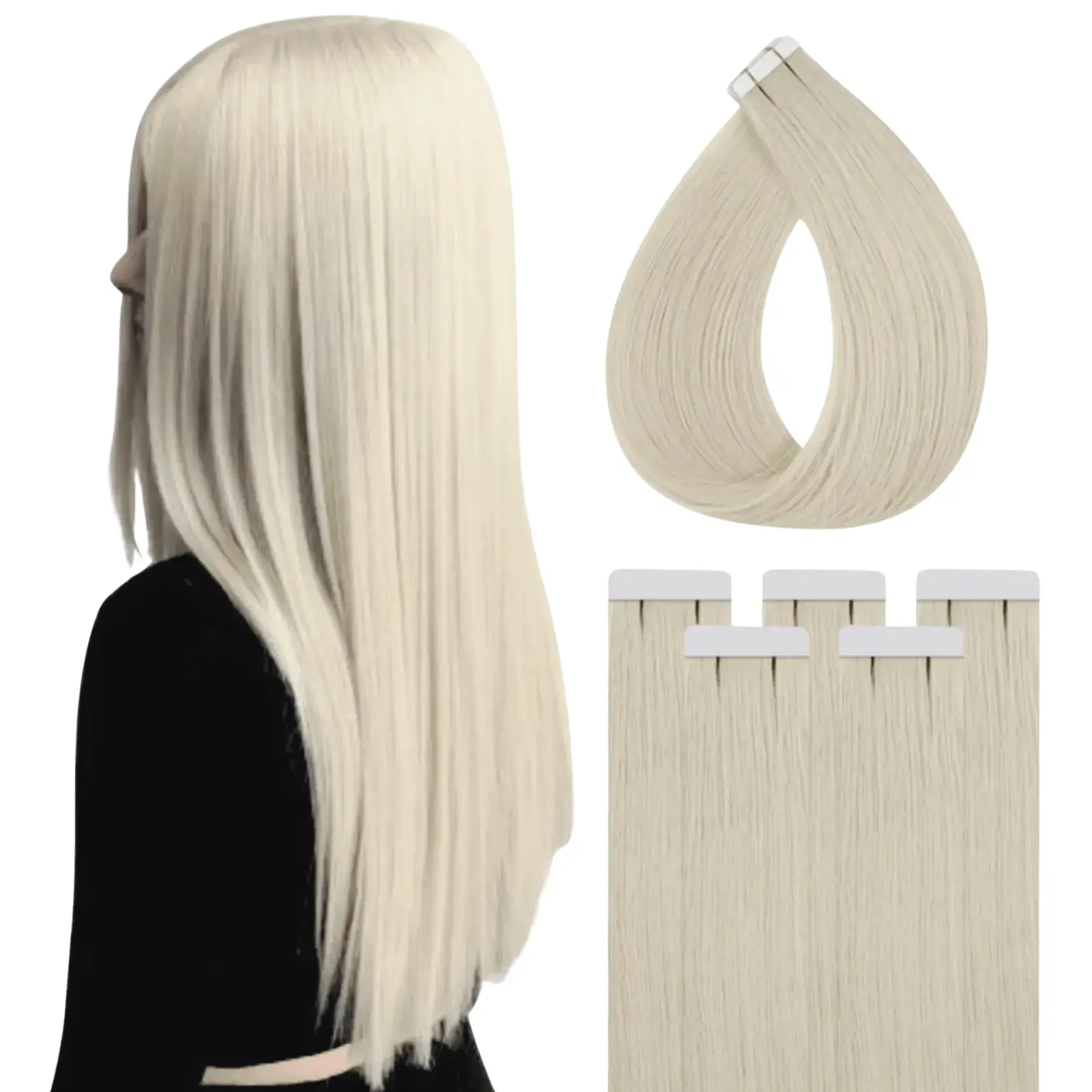 Tape in Hair Extensions 100% Virgin Human Hair White Blonde #1000