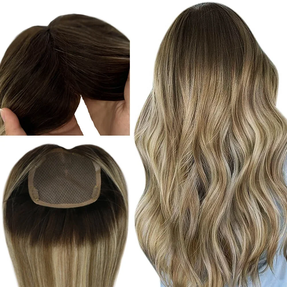 5x5 Inches Human Hair Toppers Mono Base Balayage Blonde #3/8/22
