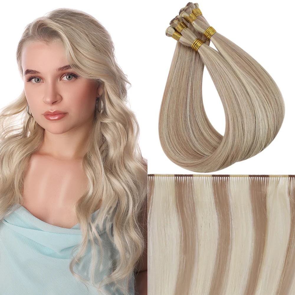 Virgin Hand Tied Weft Hair Extensions Pink Blonde Highlights #P18/613